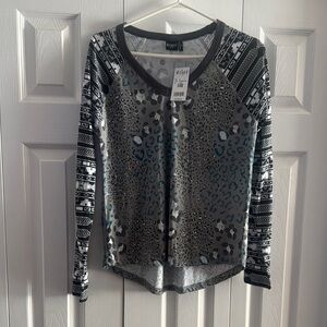 Cruel Girl Black/Blue and Gray Asymmetrical Graphic Blouse